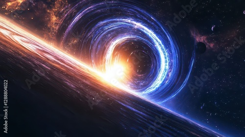 A cosmic rift opens in deep space, bending the light of nearby planets into hypnotic spirals