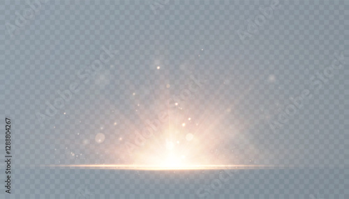 Bright golden sun light effect in horizontal projection with rays and many small particles for vector illustration.