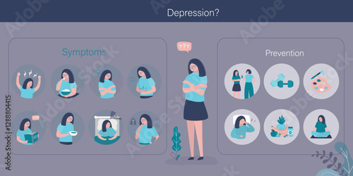 Depression symptoms and prevention, infographic banner, sick and crying woman with various signs and pictogram. Mental disorder, treatment of anxiety.