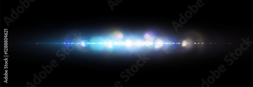 Bright horizontal blue light effect with rays and many small particles in horizontal projection for vector illustration.