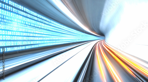 Abstract Futuristic Tunnel with Binary Code and Light Trails
