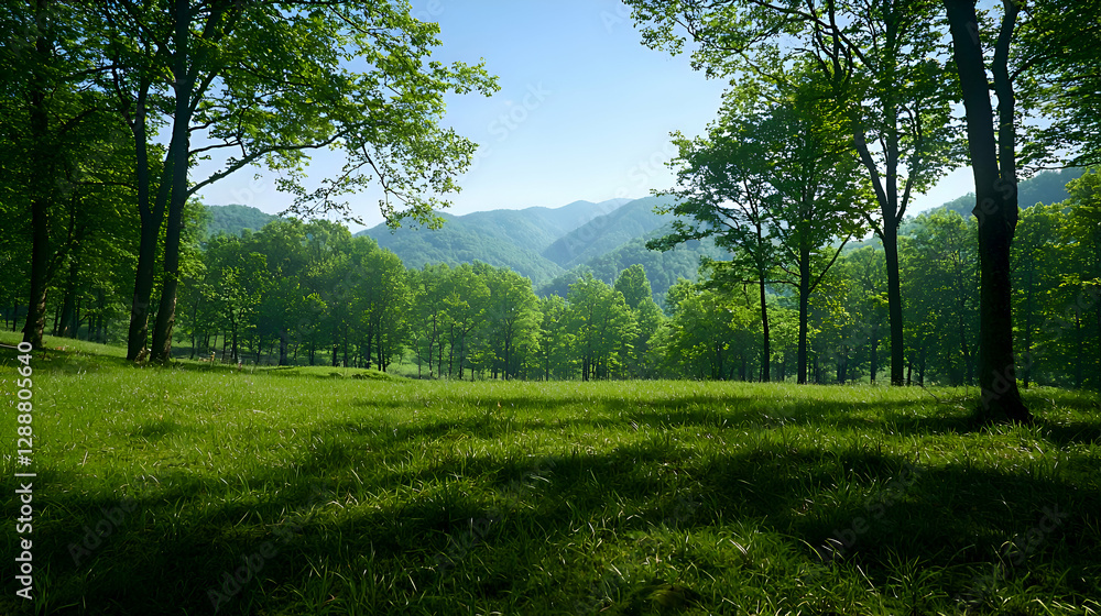 Obraz premium Serene Green Meadow Landscape with Lush Trees and Sunlight Dappled Hills