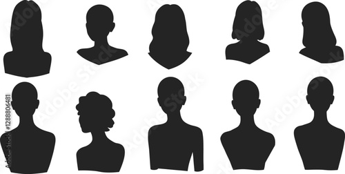 Silhouettes of diverse people showcasing different hairstyles and facial features in a row