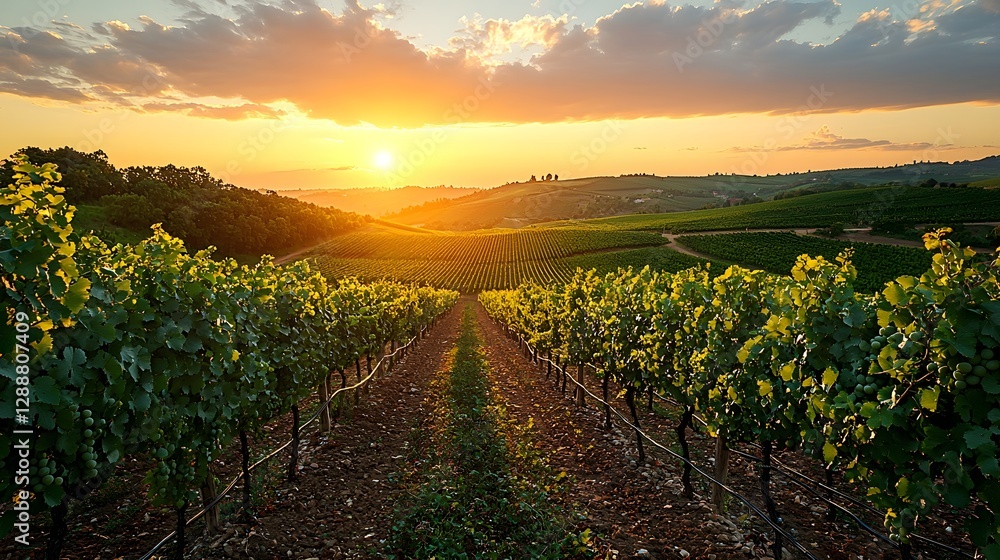 Vibrant Countryside Vineyard with Endless Rows of Grapes Under Radiant Midday Sun Vibrant Countryside Vineyard with Endless Rows of Grapes Under Radiant Midday Sun