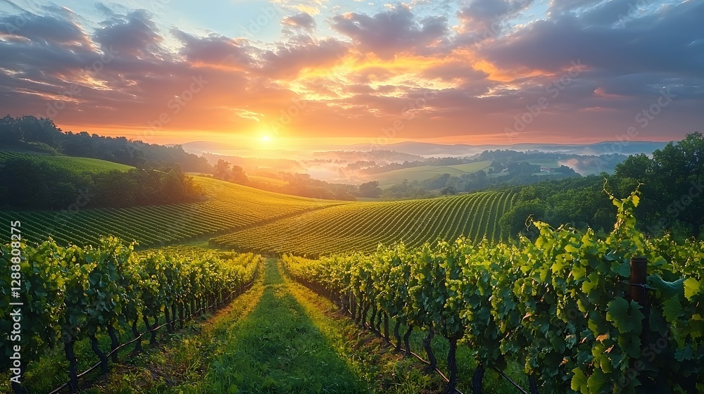 Naklejka premium Misty Morning Vineyard Glowing in the Countryside Landscape with Serene Rolling Hills and Rows of Grapes