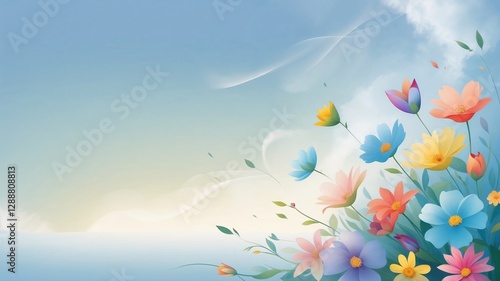 Serene Memorial Bouquet with Vibrant Flowers Against Soft Gradient Blue Sky