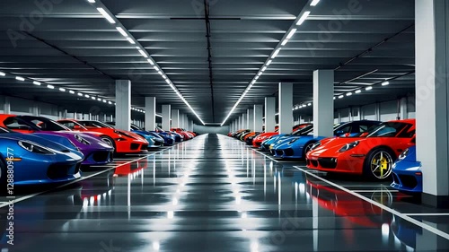 Luxury sports car showroom with an array of high-end exotic cars displayed in a sleek modern space

