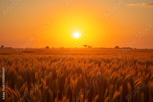 A panoramic aerial view of a golden wheat field swaying under a deep orange sunrise.