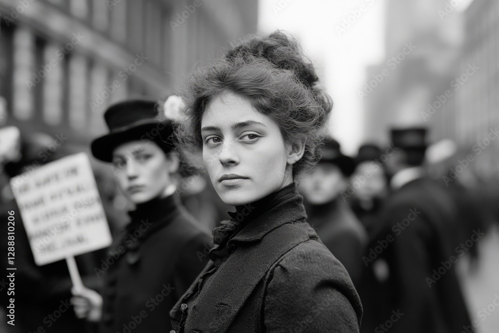 Historical feminism movement scene featuring women advocates in urban setting Historical feminism movement scene featuring women advocates in urban setting