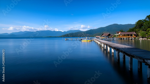 Wallpaper Mural Tranquil Tropical Lake Scene with Wooden Pier and Blue Sky Torontodigital.ca