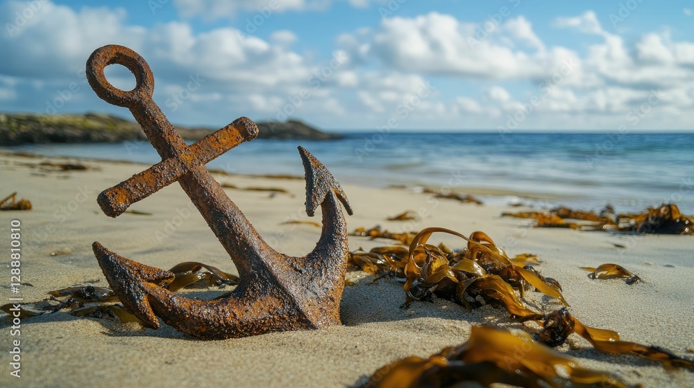 Fototapeta premium Rusty anchor rests on sandy beach, seaweed nearby.