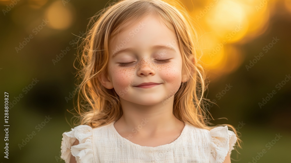 A young girl with freckles smiling softly, eyes closed, in a warm, golden background. A young girl with freckles smiling softly, eyes closed, in a warm, golden background.