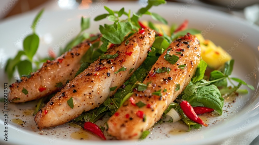 Appetizing Thai crispy catfish salad served on a white plate with fresh green mango and chilies. --chaos 20 --ar 16:9 --quality 2 --v 6.1 Job ID: 5096d718-115e-4396-a625-acc604e02dbe Appetizing Thai crispy catfish salad served on a white plate with fresh green mango and chilies. --chaos 20 --ar 16:9 --quality 2 --v 6.1 Job ID: 5096d718-115e-4396-a625-acc604e02dbe