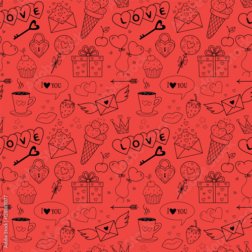 Vector background in the style of doodles for Valentine's Day. Seamless pattern with cute cartoon valentine accessories for printing on fabric, textiles, gift wrapping paper, for a wedding