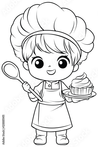 A coloring page of a professional chef in full uniform with cooking tools. Perfect for kids and adults who love cooking, food, and creative activities. Ideal for educational use and printing.