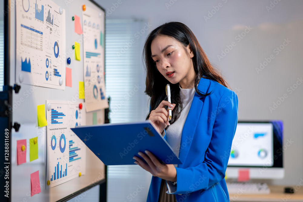 A woman in a blue jacket is looking at a presentation board with graphs A woman in a blue jacket is looking at a presentation board with graphs