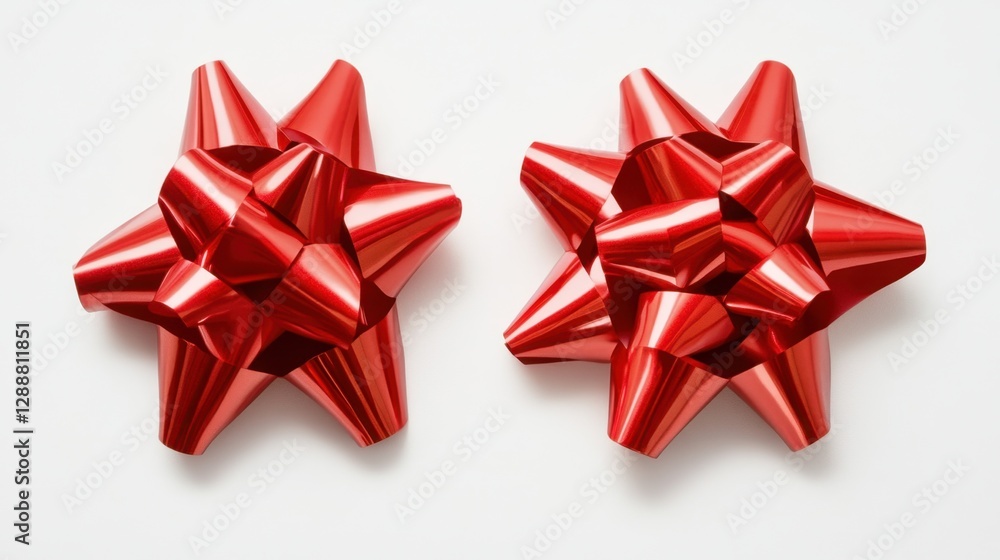Two striking red ribbons arranged neatly on a white background, their glossy texture and elegant folds making them perfect for holiday or gift-wrapping themes. Two striking red ribbons arranged neatly on a white background, their glossy texture and elegant folds making them perfect for holiday or gift-wrapping themes.