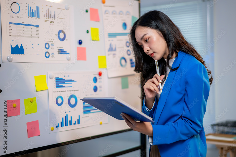 A woman in a blue suit is looking at a white board with graphs and charts A woman in a blue suit is looking at a white board with graphs and charts