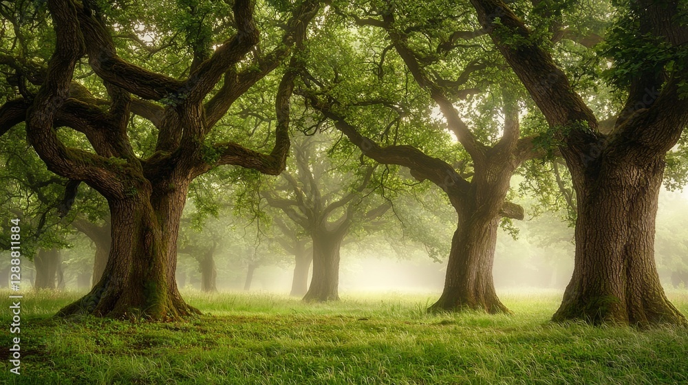 Lush Forest with Majestic Trees Illuminated by Soft Sunlight in a Misty Atmospheric Landscape Lush Forest with Majestic Trees Illuminated by Soft Sunlight in a Misty Atmospheric Landscape
