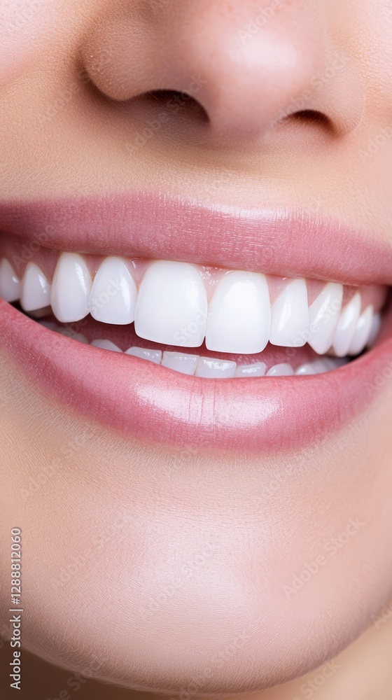 Obraz premium Displaying a perfect smile with bright white teeth, a woman with beautiful lips embodies dental care and cosmetology, highlighting the benefits of lip augmentation and oral health