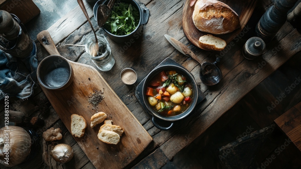 Rustic Kitchen Table with Vegetables and Bread Perfect for Cooking Rustic Kitchen Table with Vegetables and Bread Perfect for Cooking