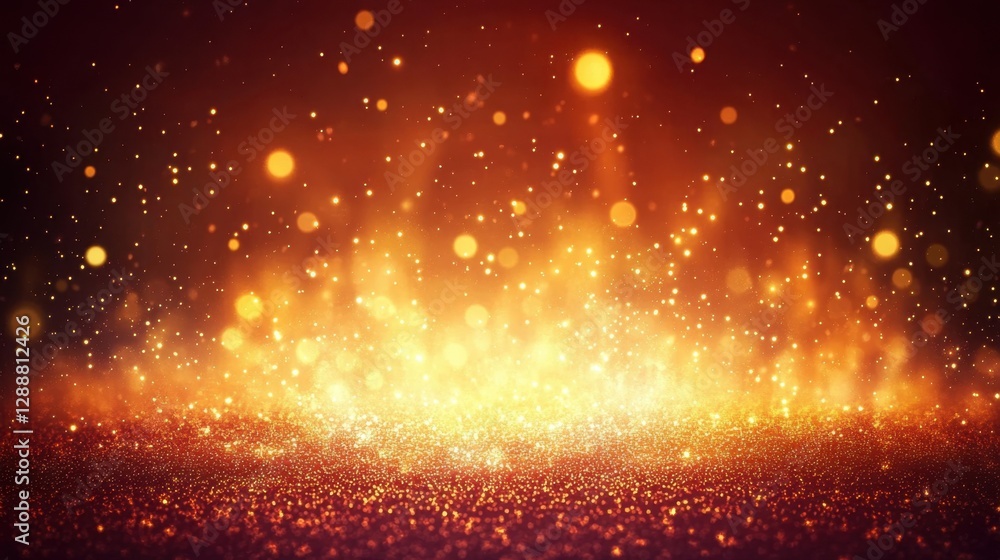 Vibrant red and orange gradient background with shimmering golden sparkle dust and glowing yellow bokeh circles for holiday themes. Vibrant red and orange gradient background with shimmering golden sparkle dust and glowing yellow bokeh circles for holiday themes.