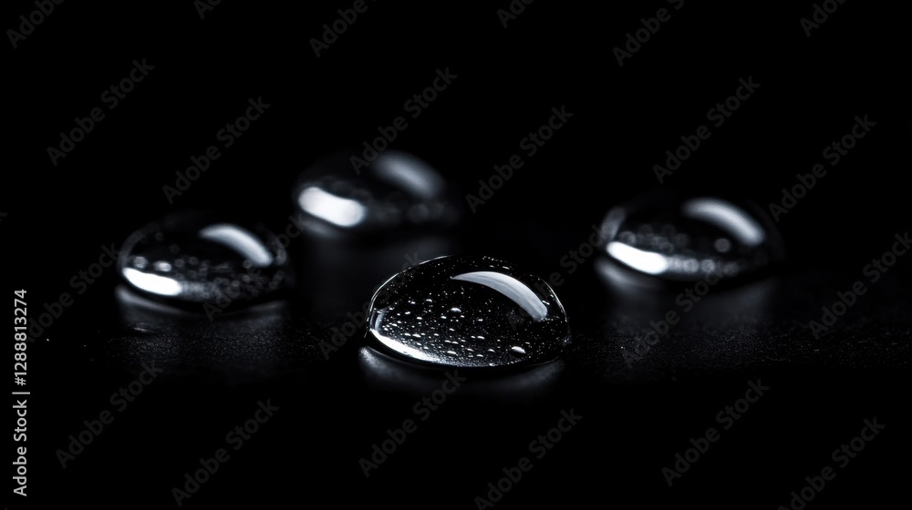Water droplets resting on a textured black surface, adding a subtle, natural element to the dark backdrop, perfect for high-contrast photography.