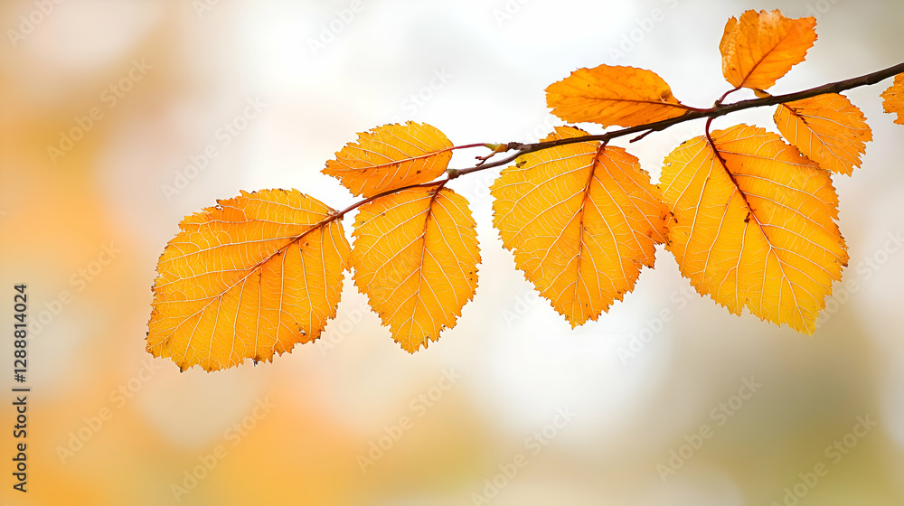 Golden Yellow Autumn Leaves on Branch Close Up Golden Yellow Autumn Leaves on Branch Close Up