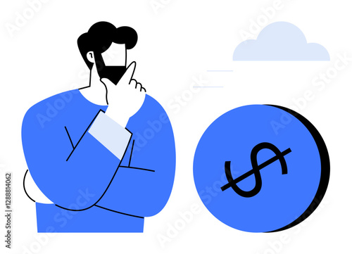 Person with hand on chin thinking alongside a floating dollar sign. Ideal for finance, budgeting, investment, savings, economic challenges, decision-making, business strategies. Abstract line flat