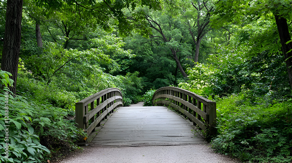 Fototapeta premium Wooden Bridge Overgrown by Lush Green Foliage in a Summer Forest