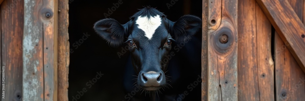Black calf with white markings peeks through rustic barn wood , wood, farmlife, gentle Black calf with white markings peeks through rustic barn wood , wood, farmlife, gentle