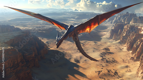 A realistic animation of a majestic Quetzalcoatlus soaring over a vast prehistoric desert, its enormous wings casting shadows over the ancient landscape 