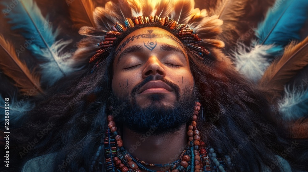 Immerse yourself in a tranquil dreamscape with this captivating image of a dreamy bohemian man, his long wavy hair flowing freely, adorned with feathers and intricate beads Bathed in the warm, golden Immerse yourself in a tranquil dreamscape with this captivating image of a dreamy bohemian man, his long wavy hair flowing freely, adorned with feathers and intricate beads Bathed in the warm, golden