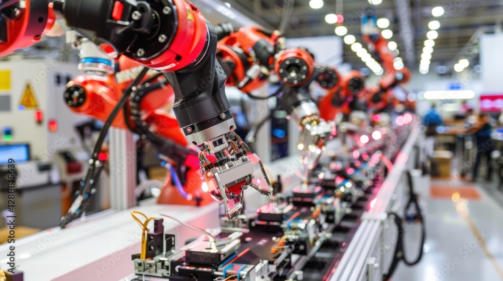 Fototapeta premium A row of automated machines in a modern, high-tech manufacturing facility, highlighting industrial innovation and efficiency.