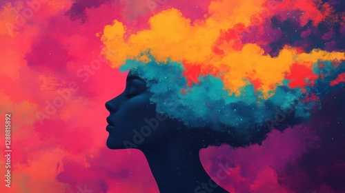 Misty valley escape woman in lush green hills surreal art