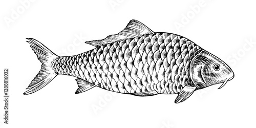 Hand drawn vector illustration of a common carp in side profile view. Vintage black and white engraving style. Isolated sketch ideal for packaging. With a silhouette on the background