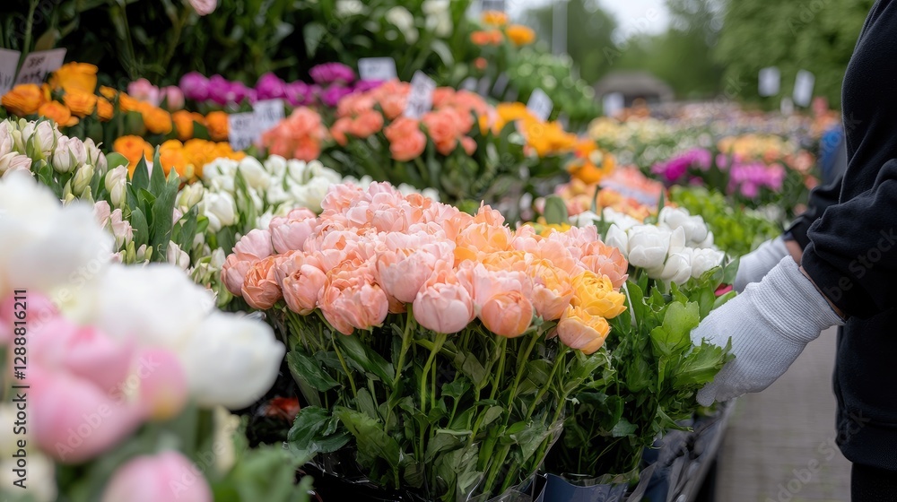 Fototapeta premium Flower Market Vendor Arranging Peach Colored Roses