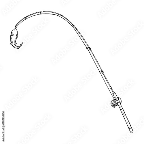 Hand drawn vector illustration of a fishing rod with a hooked fish. Vintage black and white engraving style sketch, ideal for fishing, seafood themes. With a isolated silhouette on the background