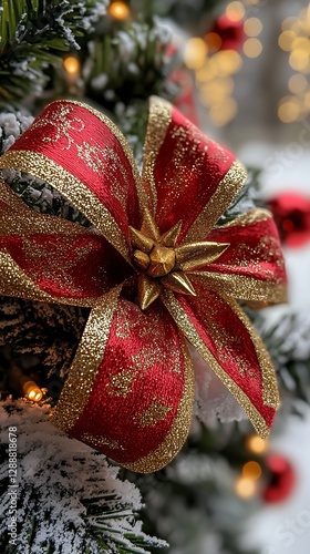 Christmas tree bow, snowy, holiday lights