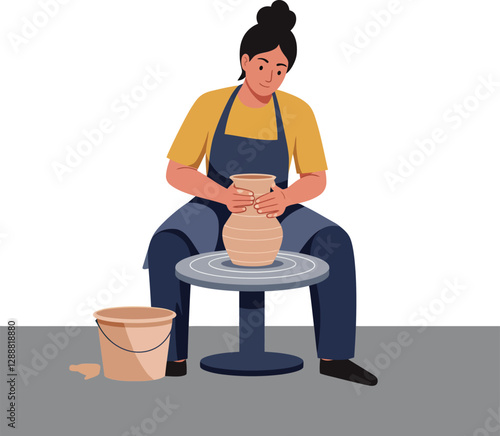 Woman shaping clay on a pottery wheel in an artistic studio environment