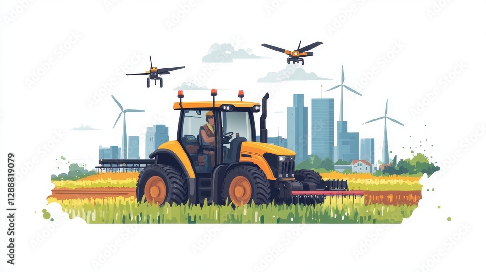 Obraz premium Innovation, smart agriculture, solar and wind farms and clean energy Modern Farming Technology: Yellow Tractor and Drones in a Green Field with City Skyline