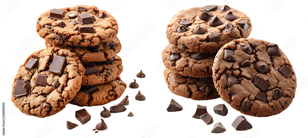Chocolate chip cookies stacked isolated on transparent background. Chocolate chip cookies stacked isolated on transparent background.