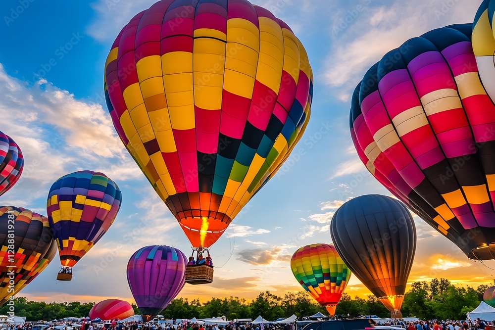 Obraz premium Vibrant Hot Air Balloon Festival at Sunrise with Colorful Balloons Filling the Sky