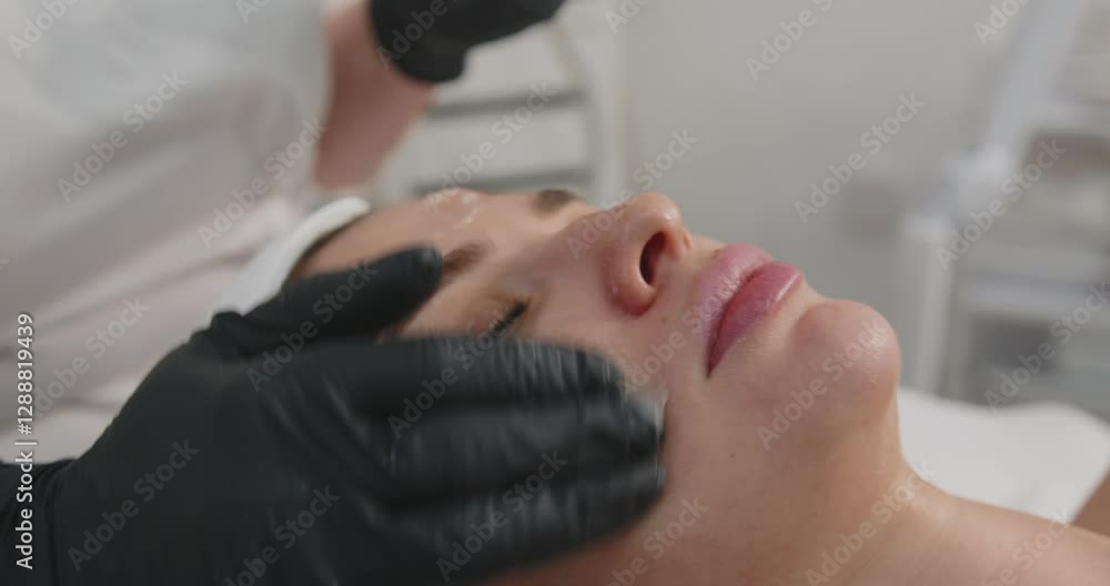 Transparent gel mask is applied to a young woman's face in a beauty salon. Transparent gel mask is applied to a young woman's face in a beauty salon.