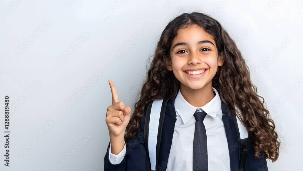 Young Indian School Girl In School Uniform Pointing Left Young Indian School Girl In School Uniform Pointing Left