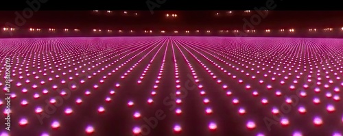 Pink LED lights converging, dark arena background; event backdrop