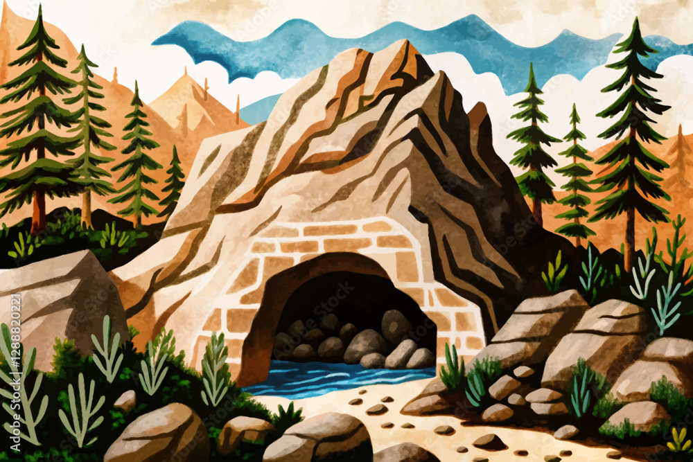 Obraz premium rocky cave in the forest with mountains and trees cartoon illustration