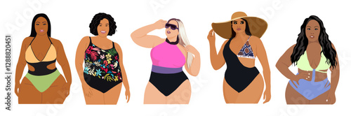 Curvy girls in bikini vector realistic illustration isolated on transparent background. Plus size models in swimsuit. Body positive concept. Beautiful women with different skin colors. 