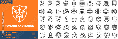 Reward And Badge Line Editable Icons set. Vector illustration in modern thin line style of reward and badge icons: trophy, star, cup, etc