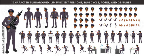 Police Officer Character Design Model Sheet. Man, Character design. Front, side, back view and explainer animation poses. Character set with lip sync and Walk cycle animation sequences.